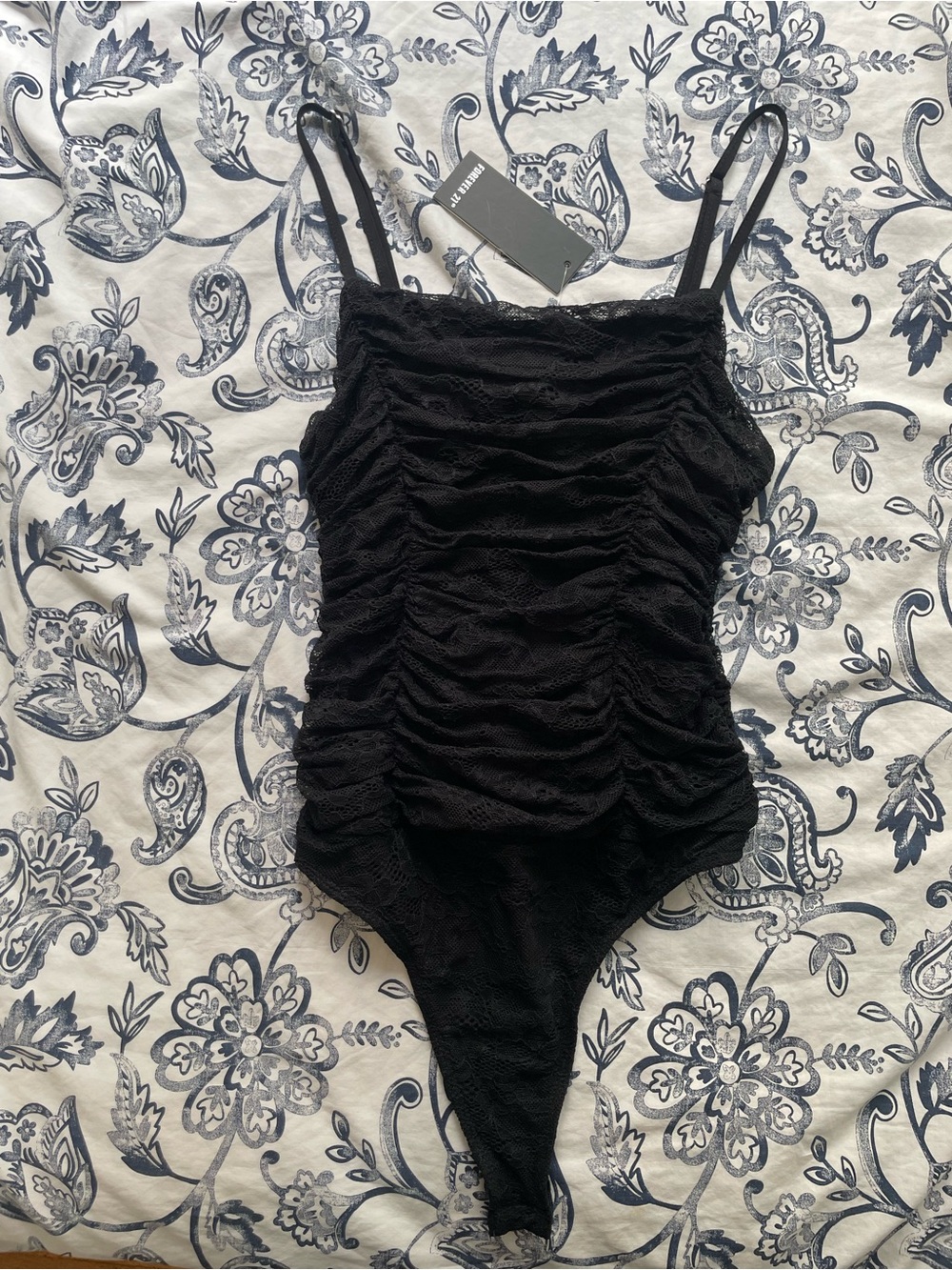 Forever 21 Black Ruched Mesh Spaghetti Strap Bodysuit